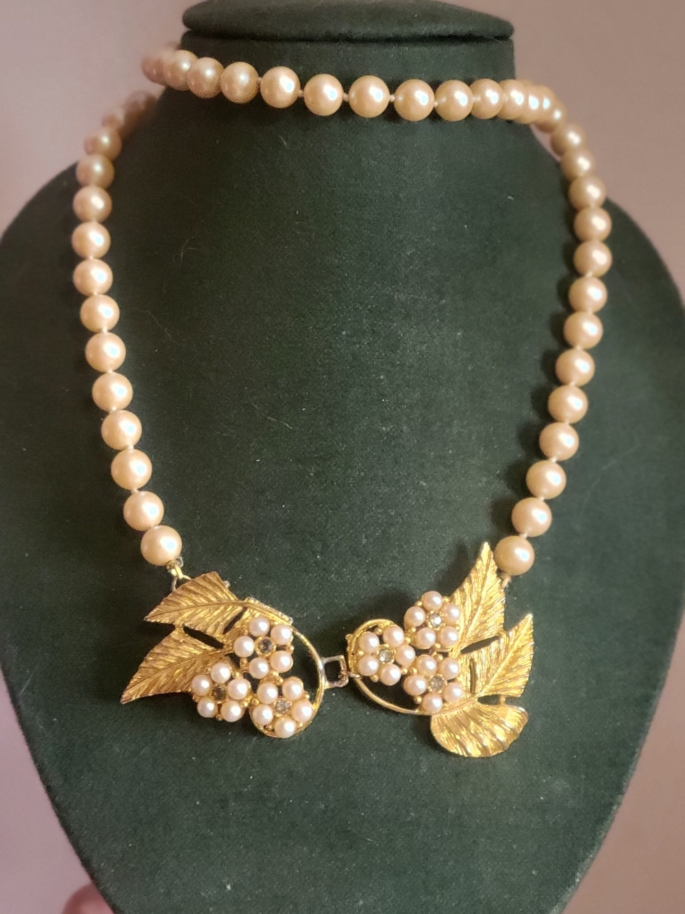 Classic 24" Statement Pearl Necklace with Gold Leaf Cluster